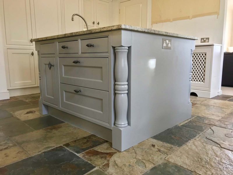 kitchen island resprayed in grey